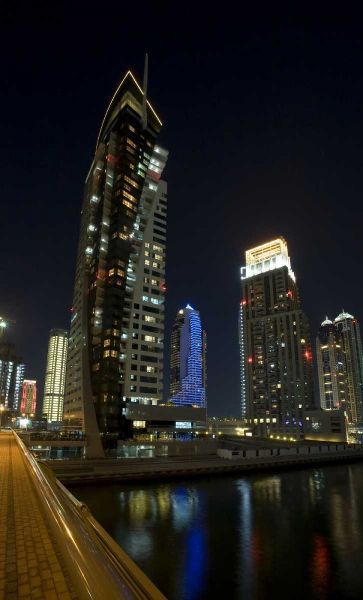 UAE, Dubai, Marina Downtown buildings at night